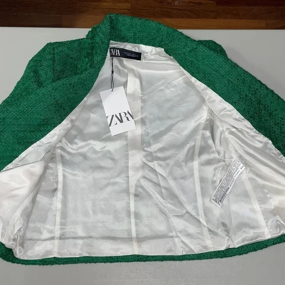 🆕(NWT) ZARA Bloggers Fav Green Tweed Double Breasted Cropped Blazer. Size XS - Picture 14 of 16